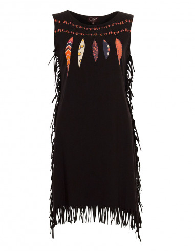 Knitted 97% cotton 3% elastane sleeveless dress with fringes