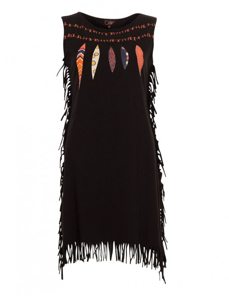 Knitted 97% cotton 3% elastane sleeveless dress with fringes