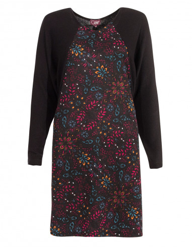 Knitted 74% rayon 21% polyester 5% elastane dress with laure patchs print
