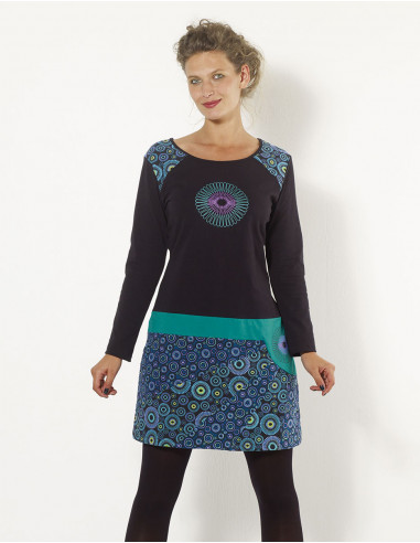 Knitted 97% cotton 3% elastane dress with tibet print and patch