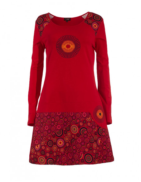 Knitted 97% cotton 3% elastane dress with tibet print and patch