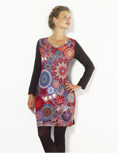 Knitted 97% polyester 3% elastane dress with carnaval print