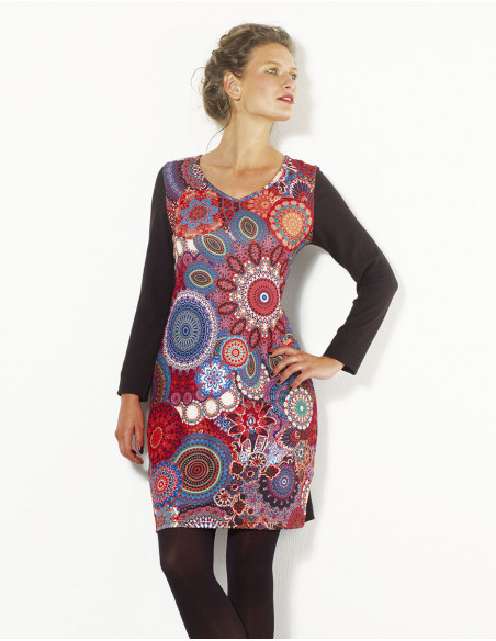 Knitted 97% polyester 3% elastane dress with carnaval print