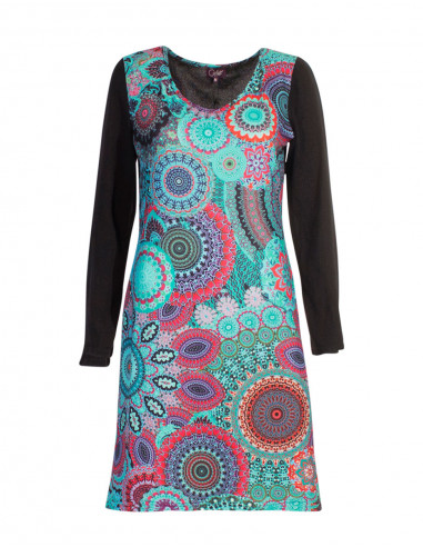 Knitted 97% polyester 3% elastane dress with carnaval print