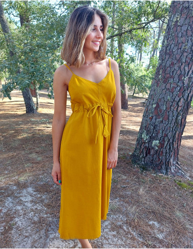 Solid cotton dress with gold elastic straps