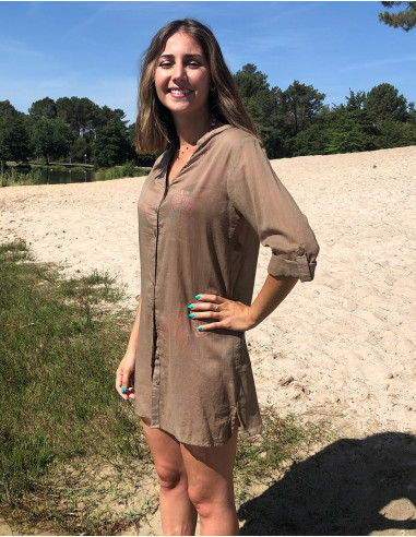 Tunique voile de coton unie plage manches 3/4