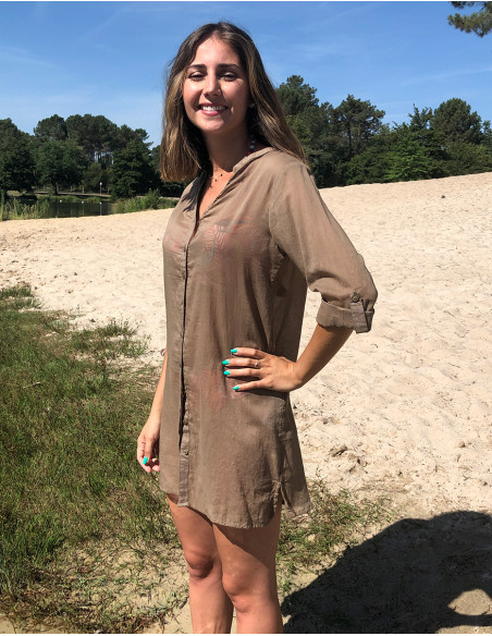 Tunique voile de coton unie plage manches 3/4