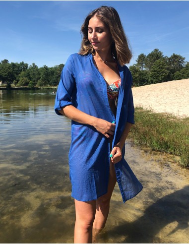 Tunique voile de coton unie plage manches 3/4