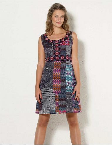 Cotton dress with lining and ikat patch print