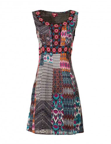 Cotton dress with lining and ikat patch print