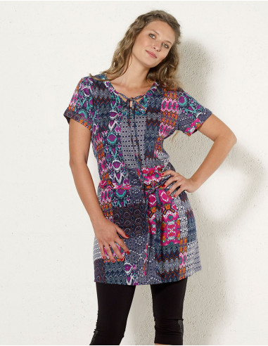 Rayon dress with patch ikat print