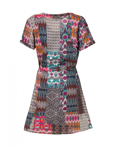 Rayon dress with patch ikat print