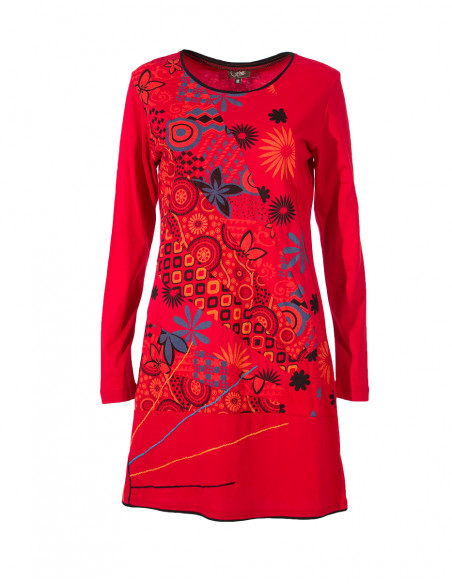 Robe coton imprimée et brodée manches longues