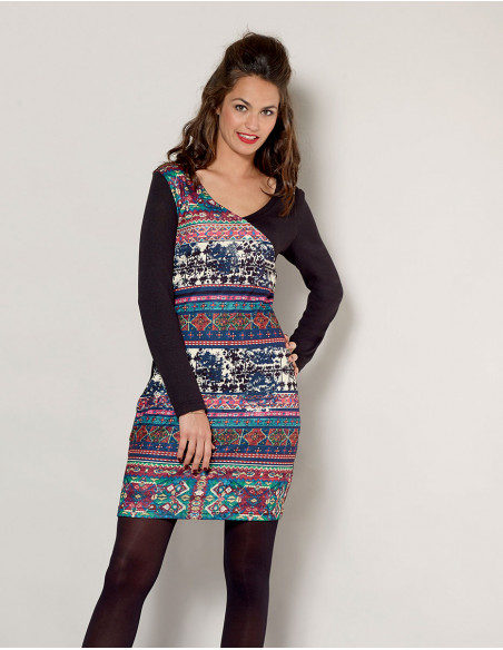 Robe maille col V manches longues