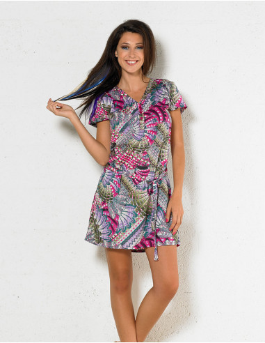 Polyester dress with short sleeves and birds print