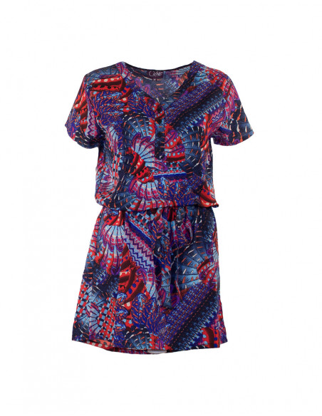 Polyester dress with short sleeves and birds print