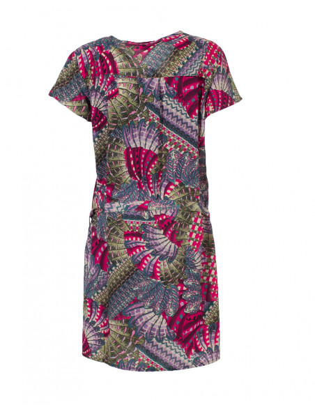 Polyester dress with short sleeves and birds print
