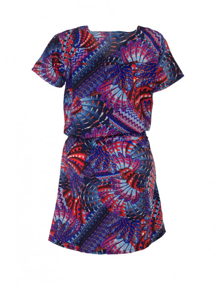 Polyester dress with short sleeves and birds print