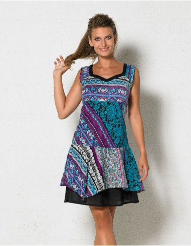 Cotton voile sleeveless dress with lining and indi print