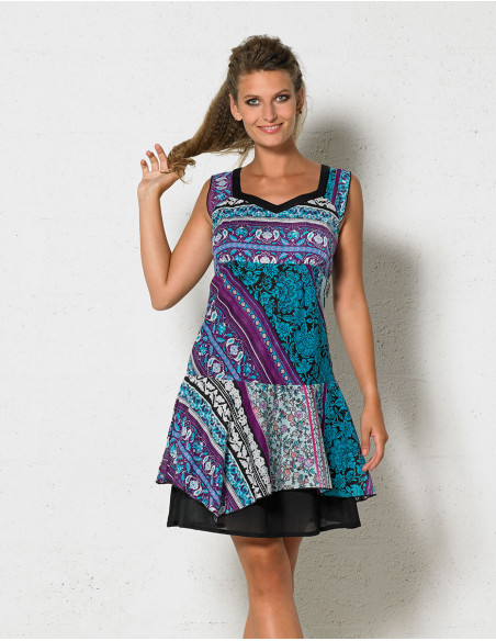 Cotton voile sleeveless dress with lining and indi print