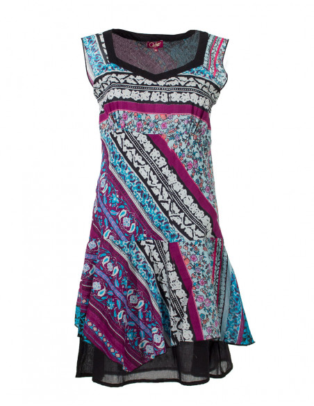 Cotton voile sleeveless dress with lining and indi print