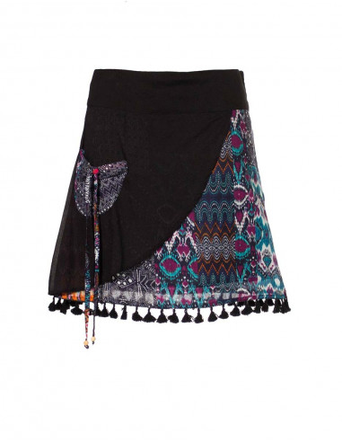 Cotton voile short skirt with lining and ikat patch print