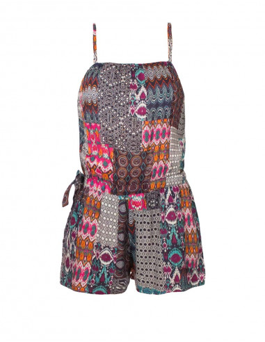 Rayon short jumpsuit with patch ikat print