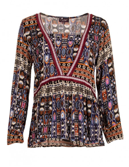Rayon crepe blouse with long sleeves lining and santiago print