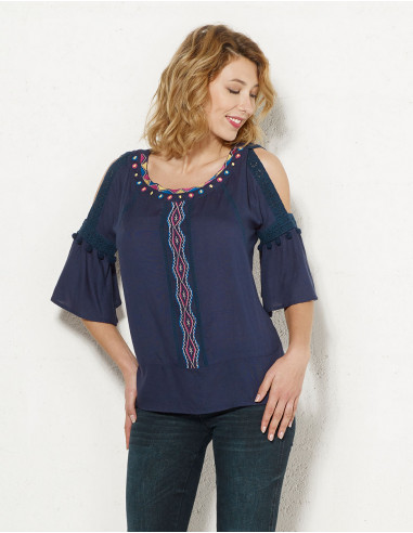 Chemisier Viscose Brode Pompons Epaule D