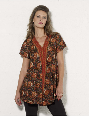 Printed sari polyester blouse with short sleeves
