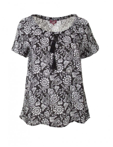 Rayon blouse with short sleeves and fleurette print