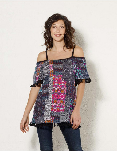 Rayon blouse with patch ikat print