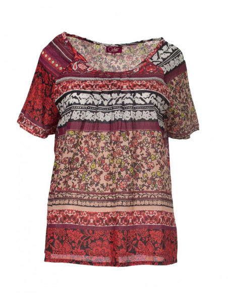 Cotton voile blouse with indi print and short sleeves