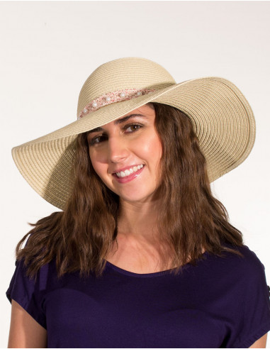 Chapeau Papier Ecru Ruban Perles