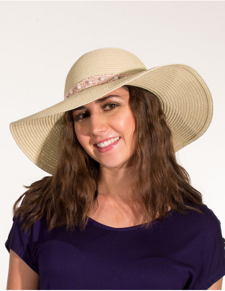 Chapeau Papier Ecru Ruban Perles