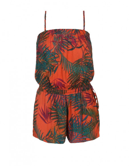 Rayon short jumpsuit with palm print
