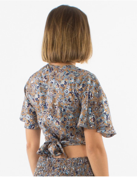 Top polyester manches courtes sari imprimé argenté