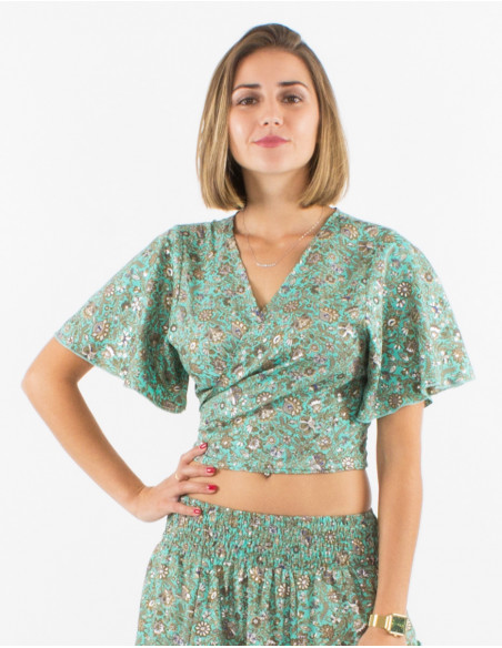 Top polyester manches courtes sari imprimé argenté