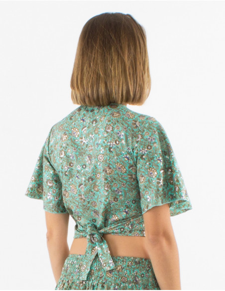Top polyester manches courtes sari imprimé argenté