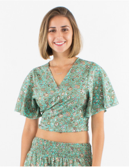 Top polyester manches courtes sari imprimé argenté