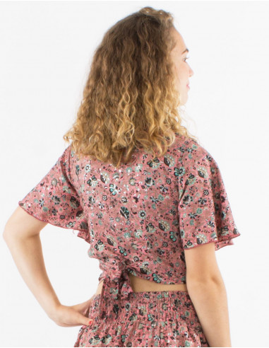 Polyester sari top with short sleeves and silver print