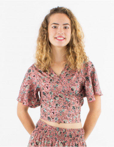 Polyester sari top with short sleeves and silver print