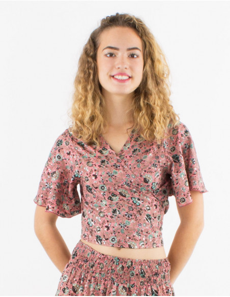 Top polyester manches courtes sari imprimé argenté