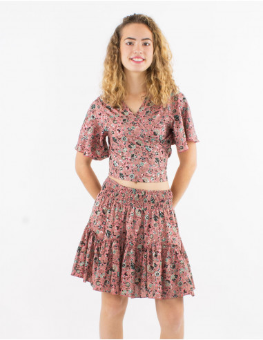 Polyester sari top with short sleeves and silver print