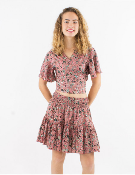 Top polyester manches courtes sari imprimé argenté