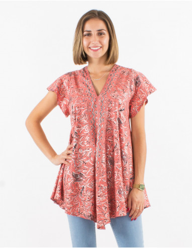 Polyester sari blouse with short sleeves and silver print