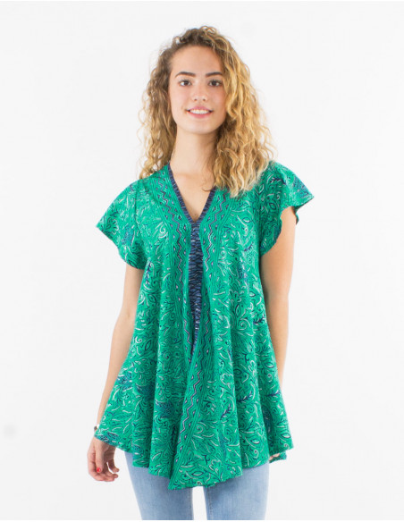 Chemisier polyester manches courtes sari imprimé argenté