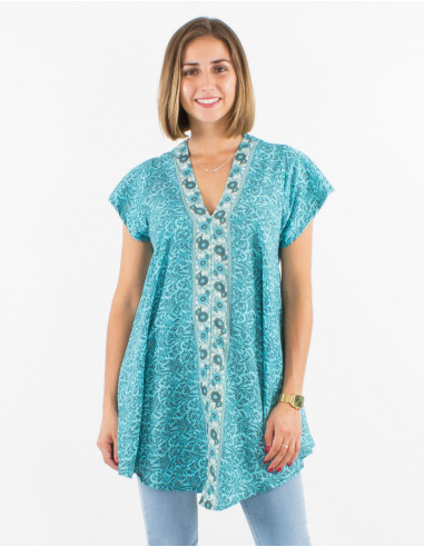 Printed sari polyester blouse with short sleeves