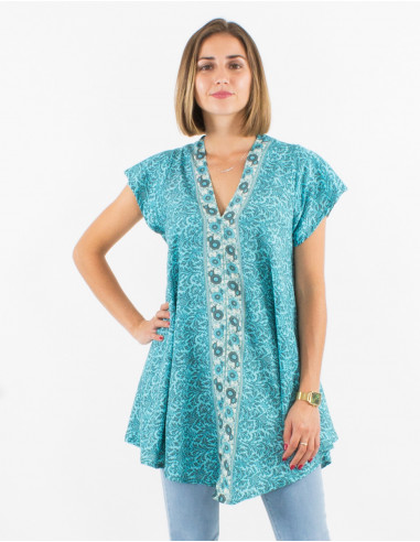 Printed sari polyester blouse with short sleeves