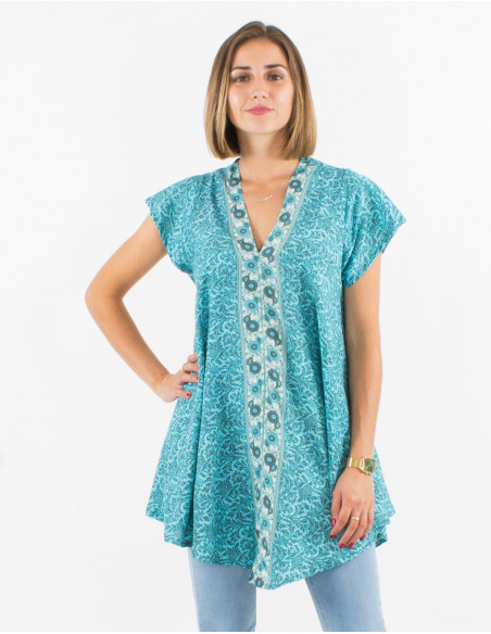 Printed sari polyester blouse with short sleeves